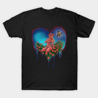 LOVE HEART with BUTTERFLY and ROSES - Graffiti Style (Blue) T-Shirt